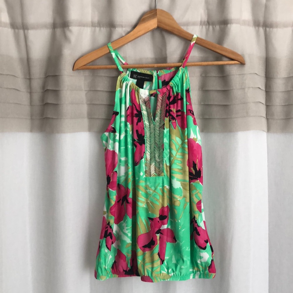 INC Green/Pink Halter Top, Size Medium Petite NWOT